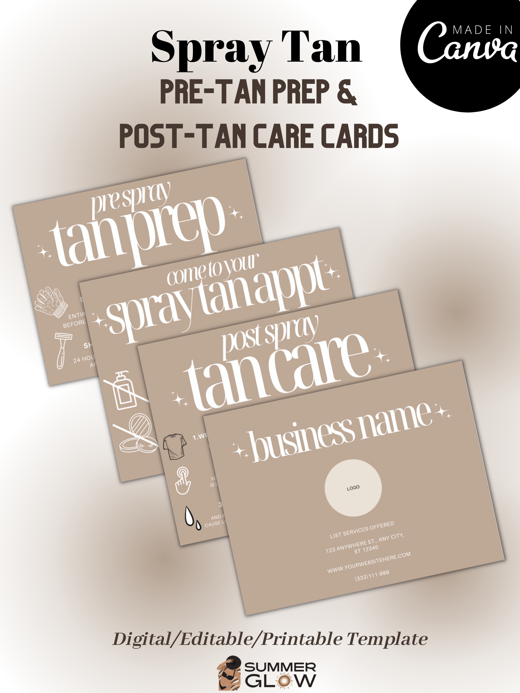 Tan Note Template Spray Tan Pre-Tan Prep & Post-Tan Care Card Template – Summer Glow Tanning